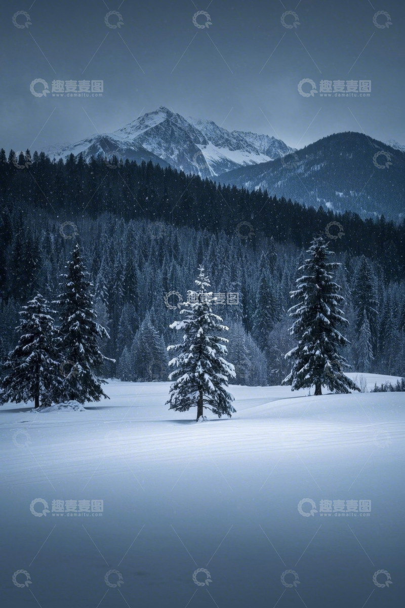 高清大图下载【趣麦麦图】雪覆山林远景