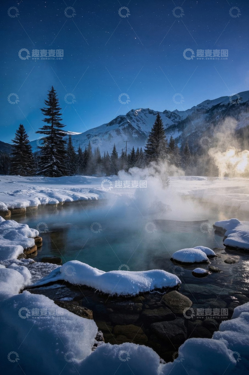 高清大图下载【趣麦麦图】雪山下热气腾腾的自然温泉