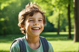 户外微笑背着书包的男孩