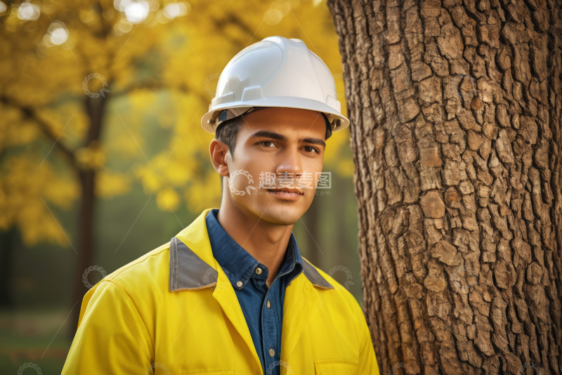 高清大图下载【趣麦麦图】穿工装戴头盔男子靠树而立