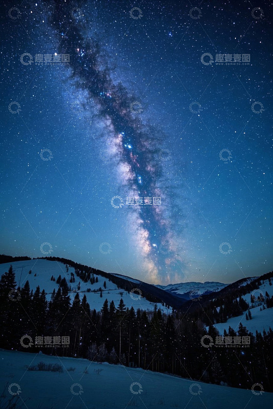 雪山森林上空的璀璨星空