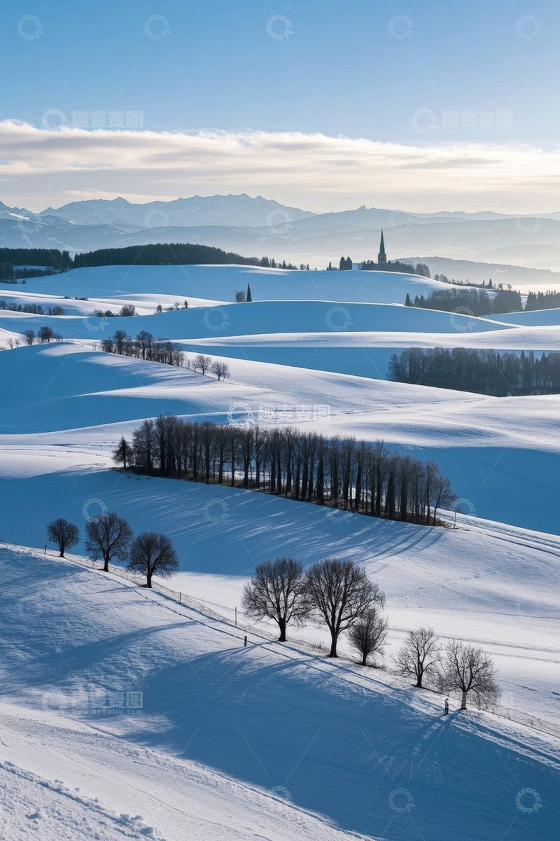 高清大图下载【趣麦麦图】冬日雪覆盖的田野与远山景观
