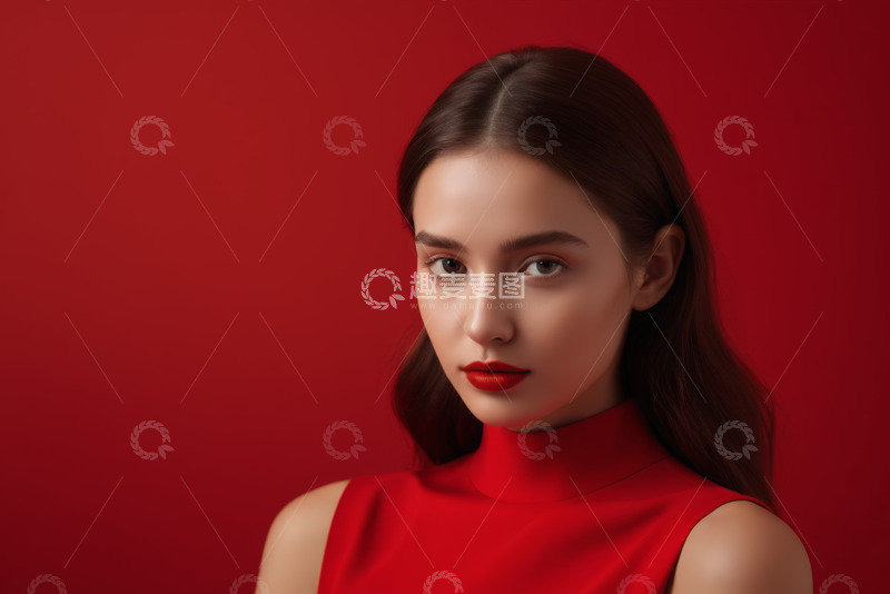 高清大图下载【趣麦麦图】红衣女子红色背景人物肖像