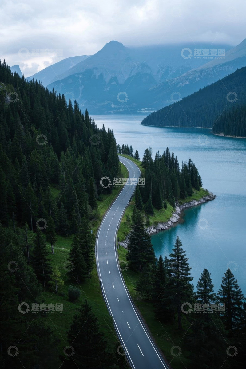 高清大图下载【趣麦麦图】山间湖畔蜿蜒公路风景