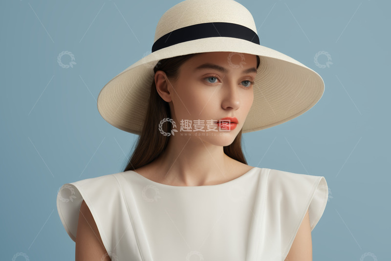 高清大图下载【趣麦麦图】戴宽檐帽的白衣女子肖像