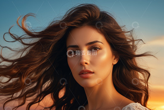 夕阳下长发飘飘的女性肖像