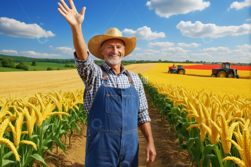 高清大图下载【趣麦麦图】农民在麦田中挥手示意