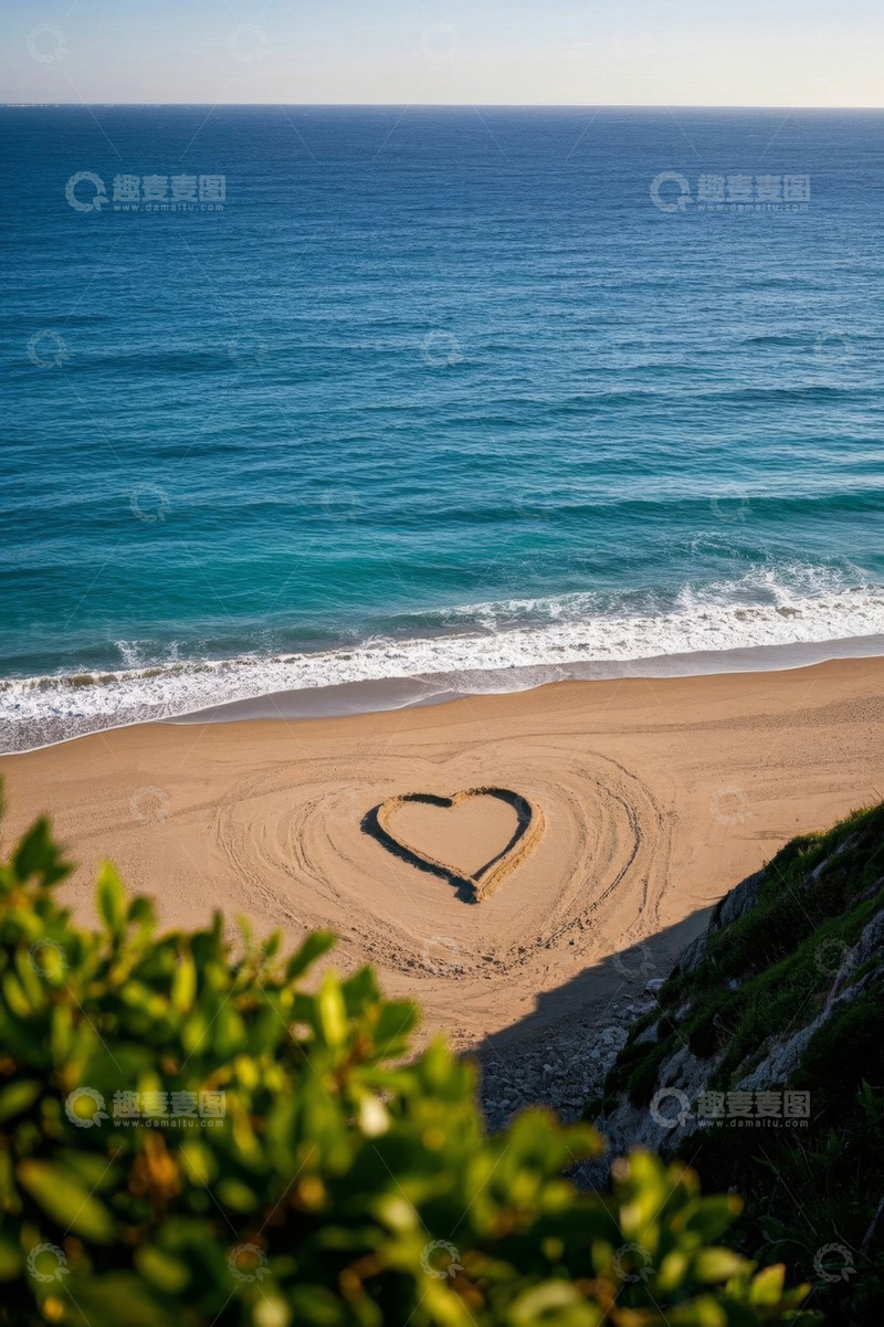 高清大图下载【趣麦麦图】海滩上沙滩画的心形图案