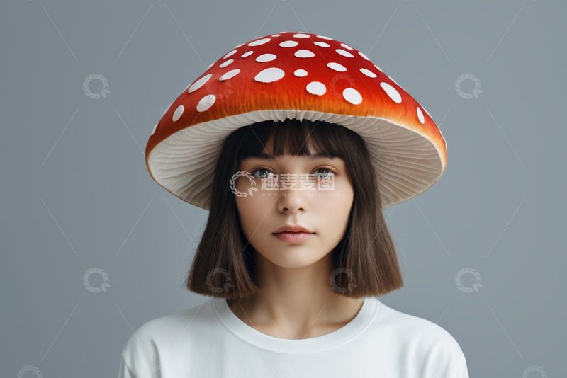 高清大图下载【趣麦麦图】戴蘑菇帽的年轻女性肖像