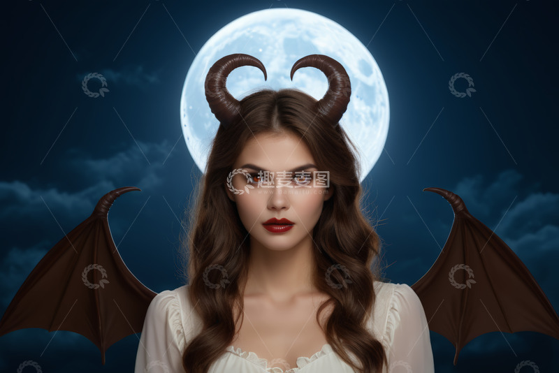 高清大图下载【趣麦麦图】戴恶魔角翅膀的女性肖像