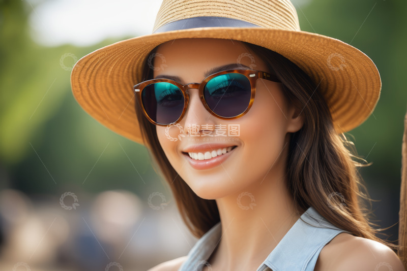 高清大图下载【趣麦麦图】戴草帽墨镜微笑的户外女子