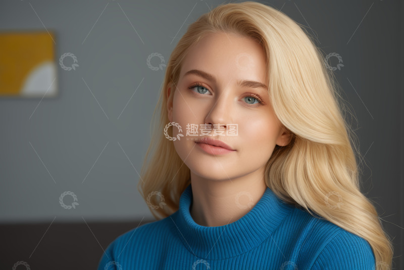 高清大图下载【趣麦麦图】金发女子室内肖像特写