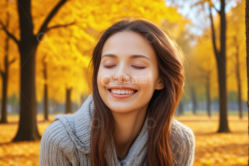 高清大图下载【趣麦麦图】秋日户外闭眼微笑的女孩