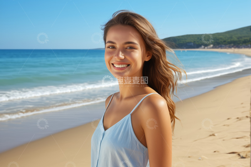 高清大图下载【趣麦麦图】海滩上微笑的年轻女子