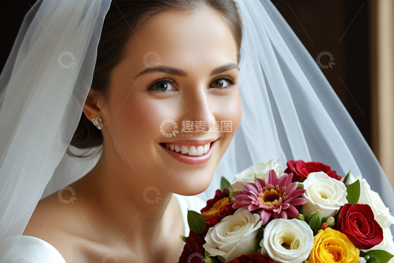 高清大图下载【趣麦麦图】手持花束微笑的新娘特写