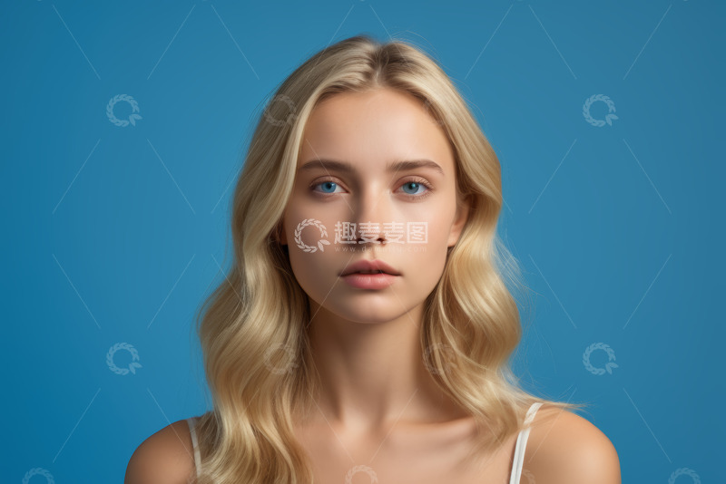 高清大图下载【趣麦麦图】金发女子蓝色背景肖像
