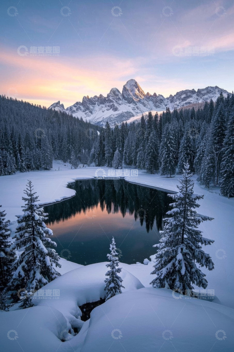 高清大图下载【趣麦麦图】冬日雪覆盖的山林与静谧湖泊
