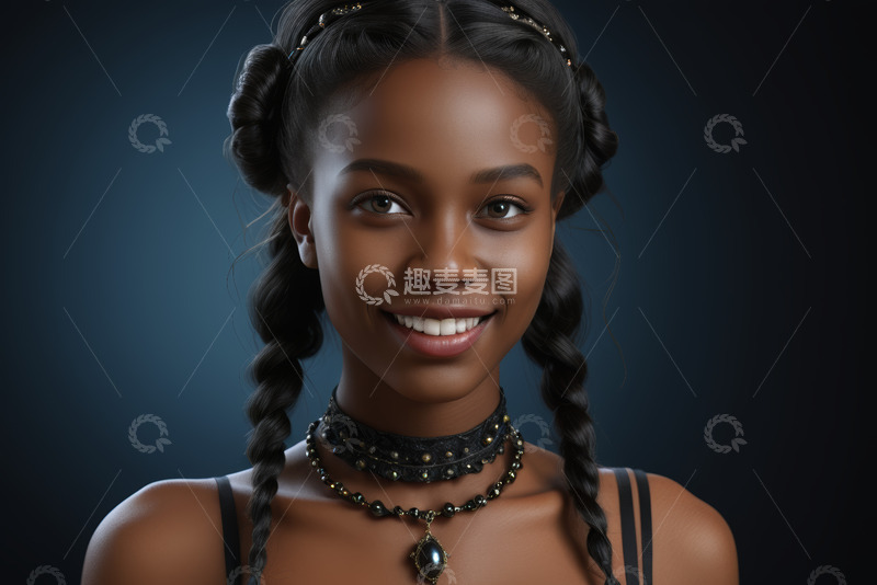 高清大图下载【趣麦麦图】非洲裔女孩佩戴项链微笑特写