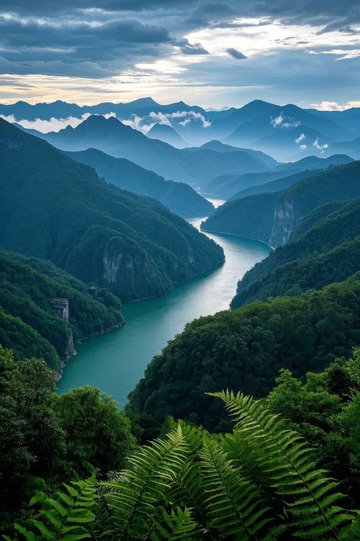 青山间蜿蜒河流自然景观