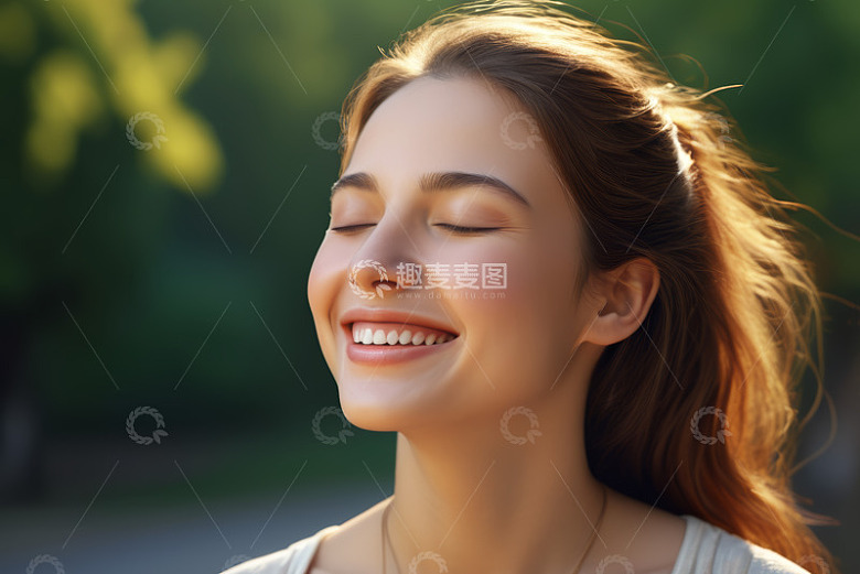 闭眼微笑的年轻女子