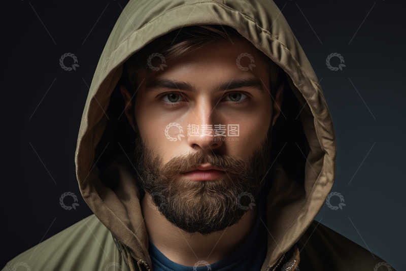 高清大图下载【趣麦麦图】戴兜帽男子特写肖像