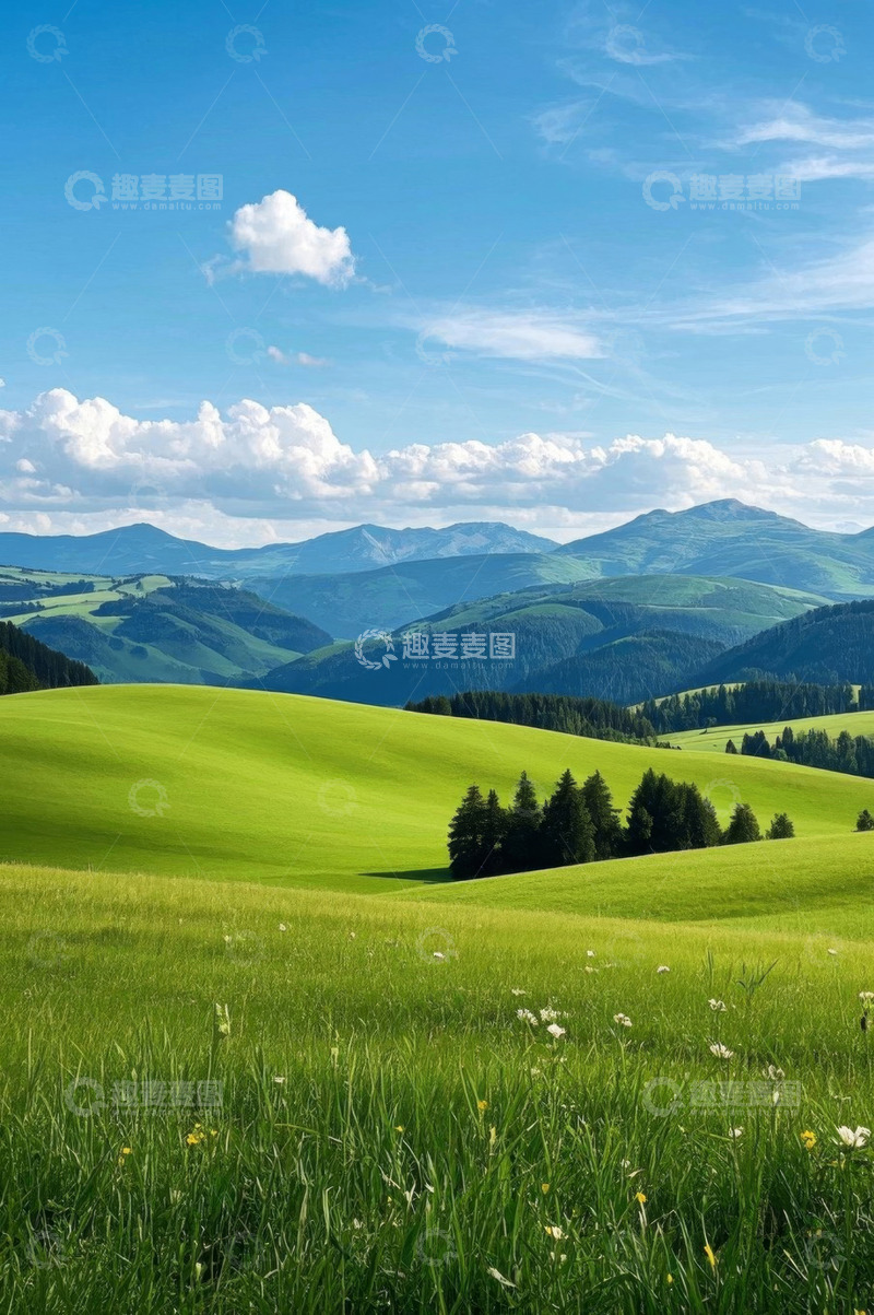 高清大图下载【趣麦麦图】绿色草原与远山风景