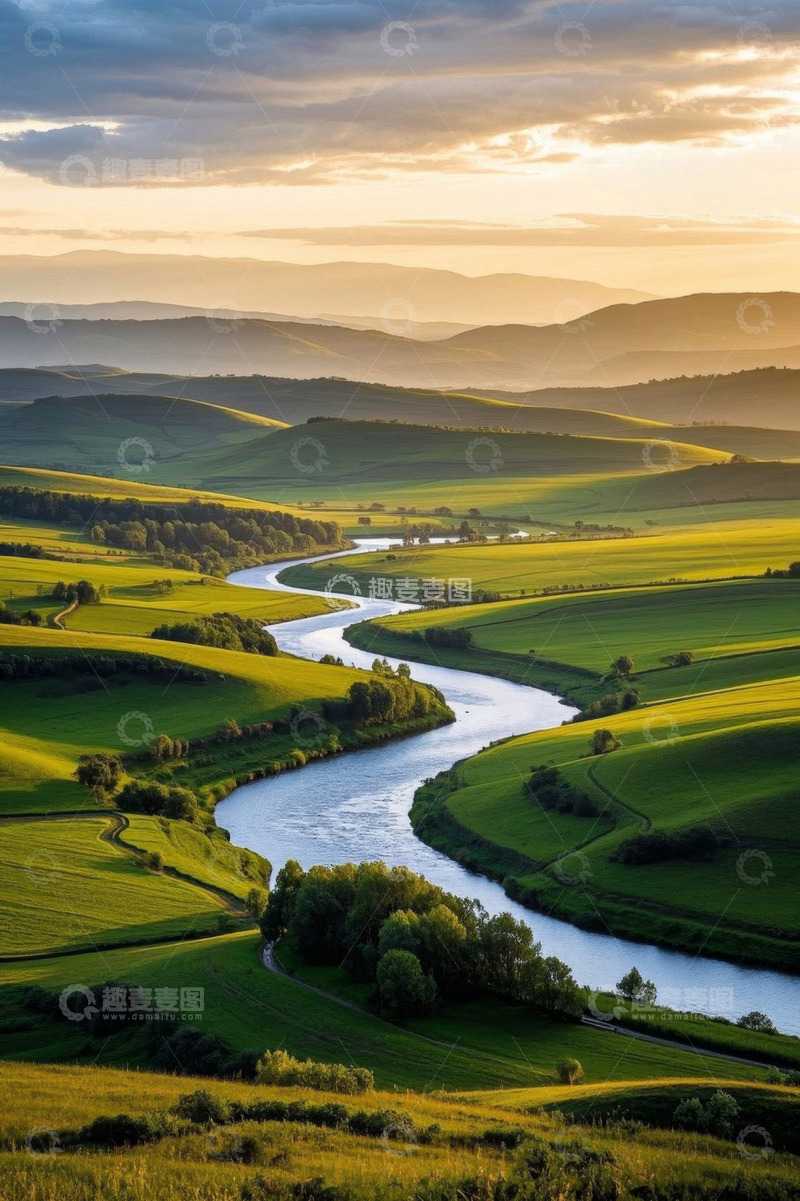 高清大图下载【趣麦麦图】蜿蜒河流穿过绿色原野