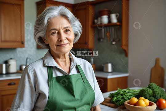 厨房中穿围裙的老年女性