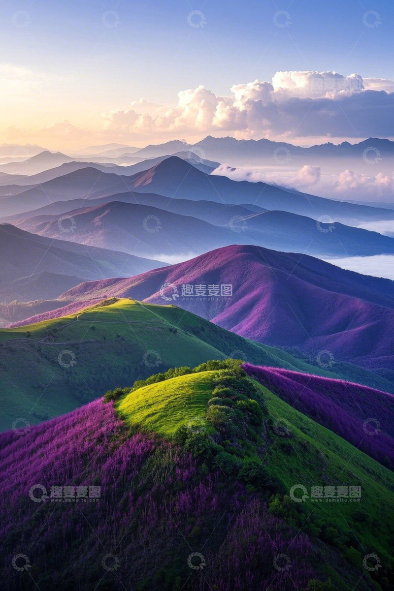 高清大图下载【趣麦麦图】山间紫色花海与连绵山脉景观