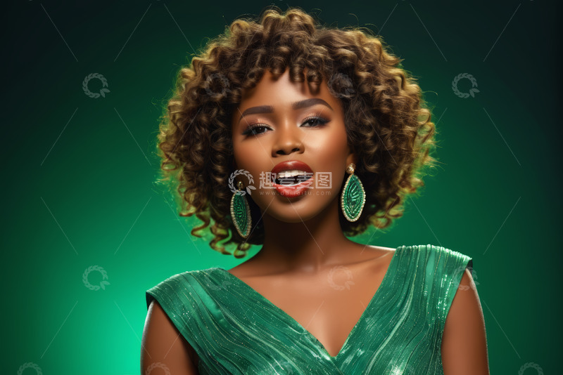 高清大图下载【趣麦麦图】身着绿裙的非洲裔女性肖像