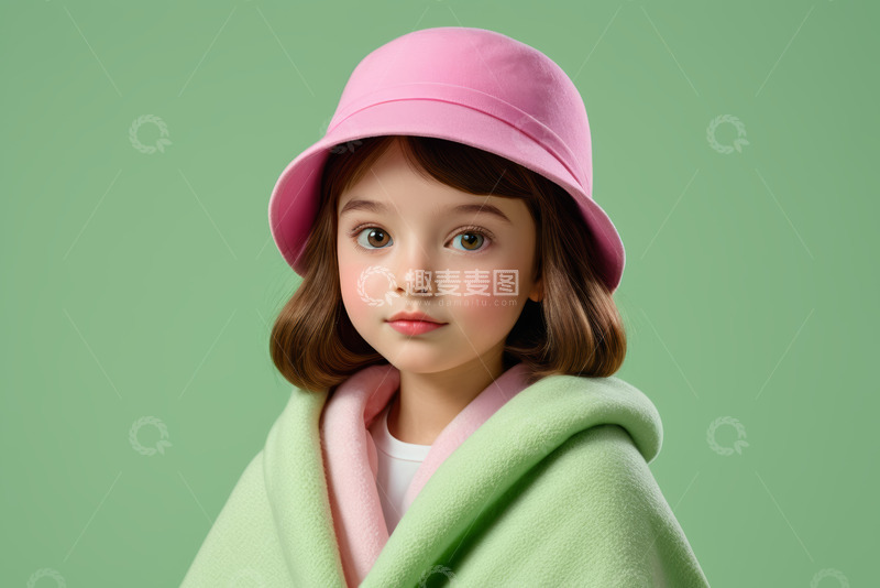 高清大图下载【趣麦麦图】戴粉色帽子披绿毛毯的小女孩