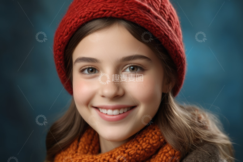 高清大图下载【趣麦麦图】戴红帽微笑的女孩肖像