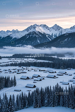 雪山下的雪乡村落景观