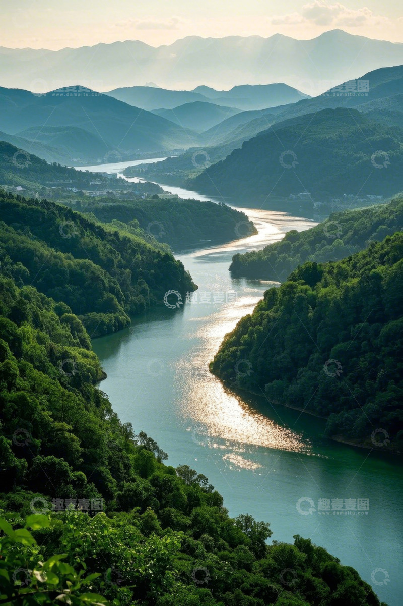 高清大图下载【趣麦麦图】青山环绕河流自然风光