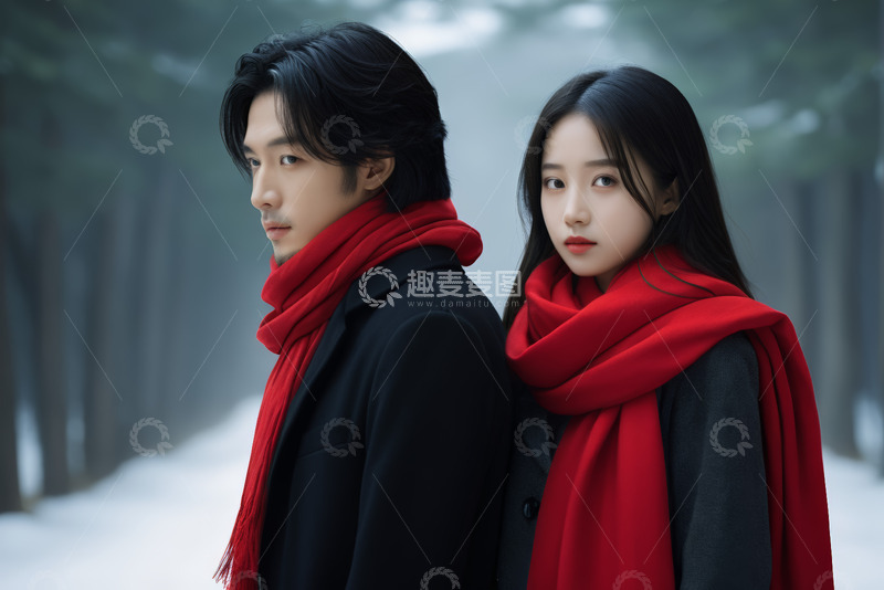 高清大图下载【趣麦麦图】冬日情侣背对而立肖像