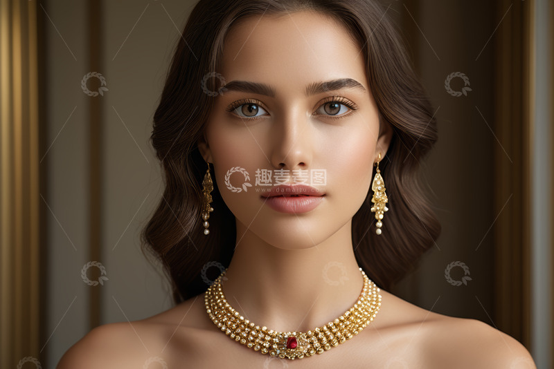 高清大图下载【趣麦麦图】佩戴金饰的时尚女孩肖像
