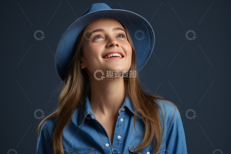 高清大图下载【趣麦麦图】戴蓝帽微笑的年轻女子