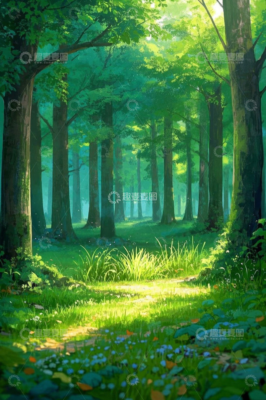 阳光照耀下的静谧森林场景