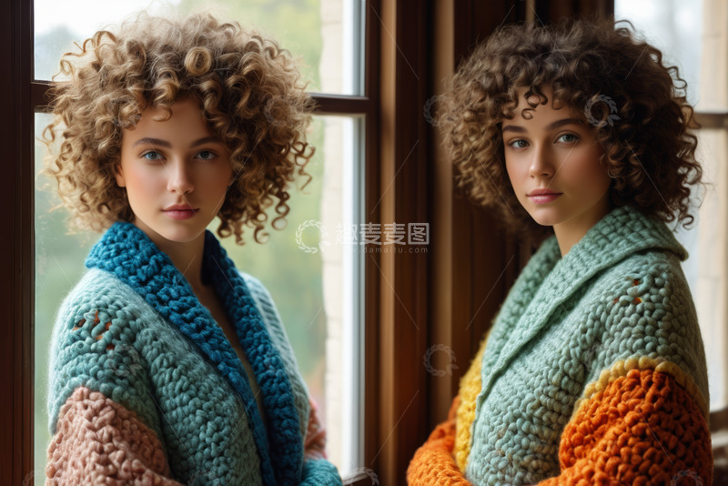高清大图下载【趣麦麦图】窗边卷发女子穿着彩色毛衣肖像
