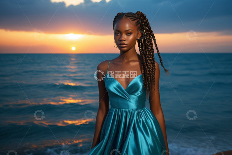 高清大图下载【趣麦麦图】身着蓝裙的非洲女孩海边站立