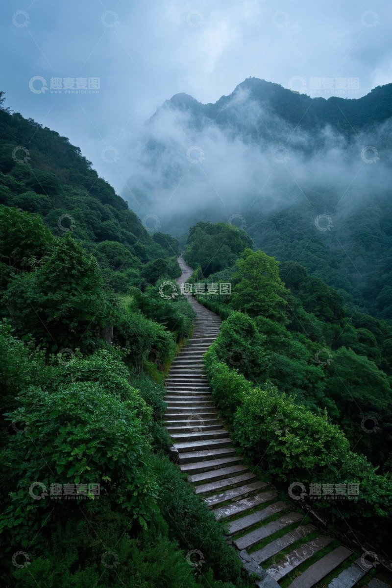 高清大图下载【趣麦麦图】山间云雾缭绕的石板步道