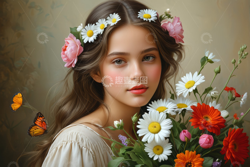 高清大图下载【趣麦麦图】头戴花环手持花束的女孩