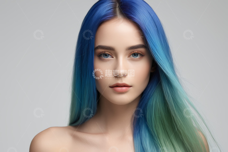 高清大图下载【趣麦麦图】蓝绿渐变色头发女性肖像