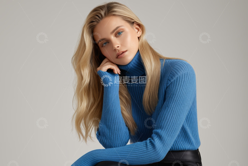 高清大图下载【趣麦麦图】身着蓝色毛衣的女性肖像