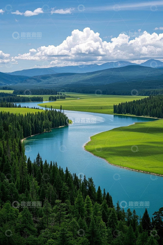 河流森林草原自然风光全景