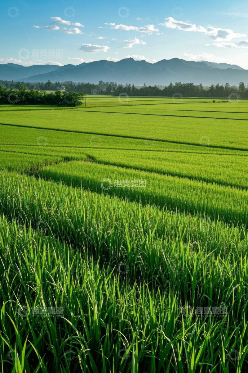 高清大图下载【趣麦麦图】绿色稻田与远山自然风光