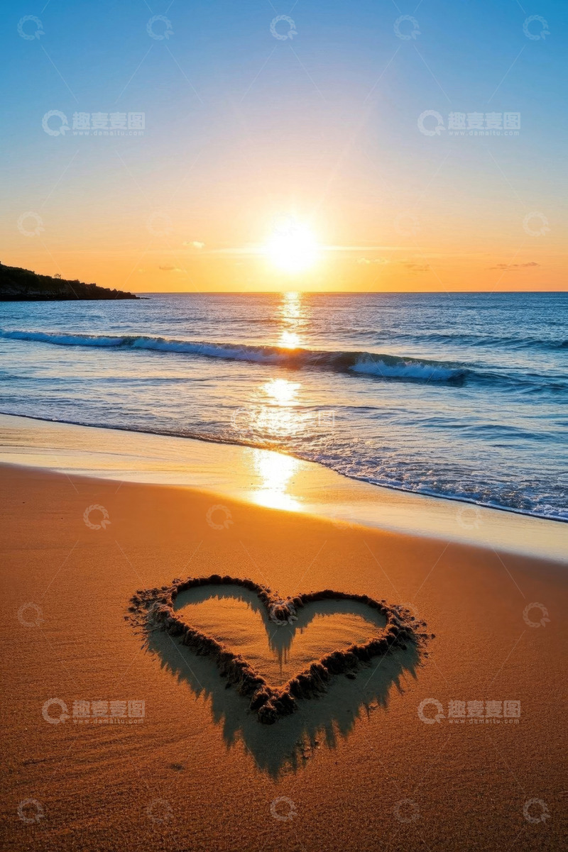 高清大图下载【趣麦麦图】海滩上沙滩上的心形图案与海景