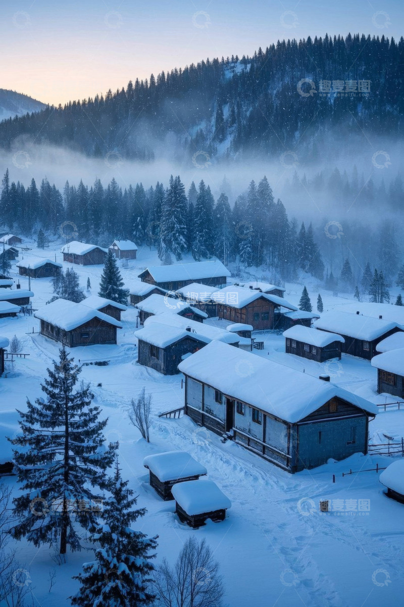 高清大图下载【趣麦麦图】雪后山村森林全景