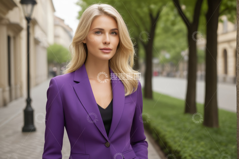 高清大图下载【趣麦麦图】户外穿紫色西装的女士肖像