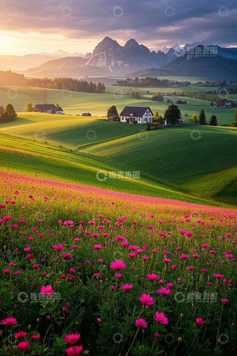 高清大图下载【趣麦麦图】田园山丘间的粉色花田风景